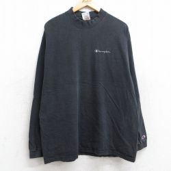XL★古着 チャンピオン Champion 長袖 ビンテージ Tシャツ メンズ 00年代 00s ワンポイントロゴ コットン モックネック ハイネック 黒 ブラック 25sep03 中古