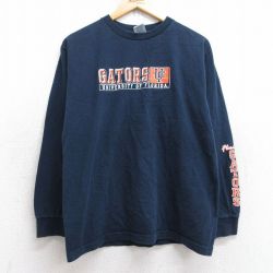M★古着 長袖 ビンテージ Tシャツ メンズ 00年代 00s フロリダゲイターズ 大学 コットン クルーネック 紺 ネイビー 25sep03 中古