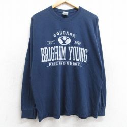 L★古着 長袖 ビンテージ Tシャツ メンズ 00年代 00s ブリガムヤング コットン クルーネック 紺 ネイビー 25sep03 中古