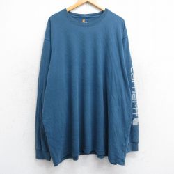 【20%OFF】XL★古着 カーハート Carhartt 長袖 Tシャツ メンズ ビッグロゴ ロング丈 大きいサイズ コットン クルーネック 紺系 ネイビー 25sep03 中古