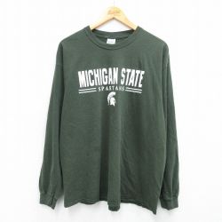 XL★古着 長袖 ビンテージ Tシャツ メンズ 00年代 00s ミシガンステートスパルタンズ コットン クルーネック 緑 グリーン 25sep04 中古