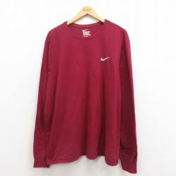 XL★古着 ナイキ NIKE 長袖 Tシャツ メンズ ワンポイントロゴ 大きいサイズ コットン クルーネック エンジ 25sep04 中古