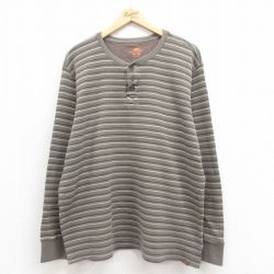 XL★古着 長袖 サーマル Tシャツ メンズ 大きいサイズ コットン クルーネック 薄緑他 グリーン ストライプ 25sep05 中古
