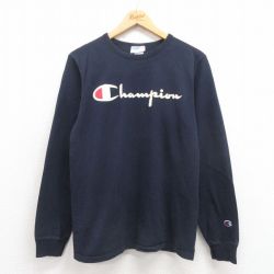 M★古着 チャンピオン champion 長袖 Tシャツ メンズ ビッグロゴ フロッキープリント コットン クルーネック 濃紺 ネイビー 25sep05 中古