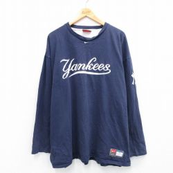 XL★古着 ナイキ NIKE 長袖 ビンテージ Tシャツ メンズ 00年代 00s MLB ニューヨークヤンキース 大きいサイズ コットン クルーネック 紺 ネイビー メジャーリーグ ベースボール 野球 【spe】 25sep24 中古