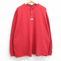 XL★古着 長袖 Tシャツ メンズ 無地 大きいサイズ コットン ヘンリーネック 赤 レッド 25sep26 中古
