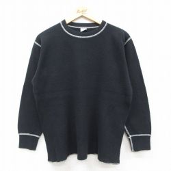 XL★古着 長袖 ビンテージ サーマル Tシャツ メンズ 80年代 80s 無地 クルーネック 黒 ブラック 25sep26 中古