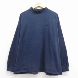 XL★古着 ナイキ NIKE 長袖 ビンテージ Tシャツ メンズ 90年代 90s ワンポイントロゴ 大きいサイズ モックネック ハイネック USA製 紺 25nov18