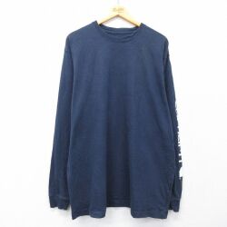 L★古着 カーハート 長袖 Tシャツ メンズ ビッグロゴ 大きいサイズ ロング丈 コットン クルーネック 紺 26feb24