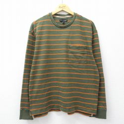 XL★古着 バナナリパブリック 長袖 Tシャツ メンズ 胸ポケット付き コットン クルーネック 緑系他 ボーダー【spe】 26mar02