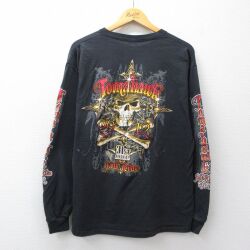 XL★古着 長袖 Tシャツ メンズ Tomahawk スカル コットン クルーネック 黒 26mar04