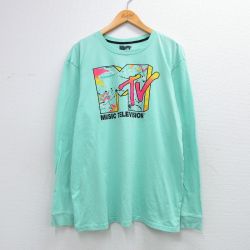 XL★古着 長袖 Tシャツ メンズ MTV 大きいサイズ クルーネック 青緑 26mar13