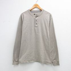 L★古着 ヘインズ 長袖 Tシャツ メンズ 無地 ヘンリーネック ベージュ 霜降り 26mar13