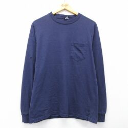 L★古着 ランズエンド 長袖 ビンテージ Tシャツ メンズ 90年代 90s 胸ポケット付き 無地 コットン クルーネック USA製 紺 26apr16