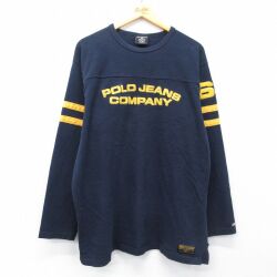 XL★古着 ラルフローレン ポロジーンズ 長袖 ブランド フットボール Tシャツ メンズ ビッグロゴ 大きいサイズ コットン Vネック 紺他 26apr16