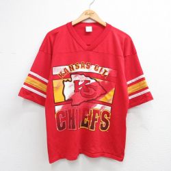 L★古着 半袖 ビンテージ フットボール Tシャツ メンズ 90年代 90s NFL カンザスシティチーフス Vネック USA製 赤他 アメフト スーパーボウル 26apr21