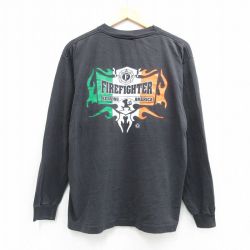 L★古着 長袖 ビンテージ Tシャツ メンズ 90年代 90s FIRE FIGHTER コットン クルーネック USA製 黒 26apr21