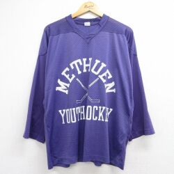 XL★古着 チャンピオン champion 長袖 ビンテージ Tシャツ メンズ 70年代 70s METHUEN アイスホッケー メッシュ地 Vネック USA製 パープル ユニフォーム ゲームシャツ【spe】 26may21