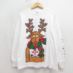 L★古着 長袖 ビンテージ Tシャツ メンズ 90年代 90s トナカイ コットン クルーネック USA製 ホワイト【spe】 26may21