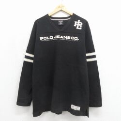 L★古着 ラルフローレン ポロジーンズ 長袖 ブランド フットボール Tシャツ メンズ ビッグロゴ 刺繍 コットン Ｖネック ブラック【spe】 26may27