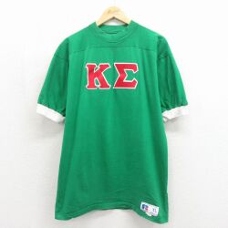L★古着 ラッセル 半袖 ビンテージ フットボール Tシャツ メンズ 90年代 90s ギリシャ文字 コットン クルーネック USA製 グリーン【spe】 26may27