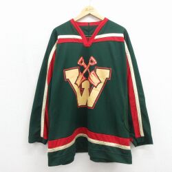XL★古着 長袖 ビンテージ Tシャツ アイスホッケー ジャージ メンズ 90年代 90s W 大きいサイズ ロング丈 メッシュ地 Vネック カナダ製 グリーン 26may27
