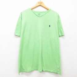 【50%OFF】XL★古着 ラルフローレン Ralph Lauren 半袖 ブランド Tシャツ メンズ ワンポイントロゴ 大きいサイズ コットン Vネック 黄緑 25jul02 中古