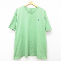 XL★古着 ラルフローレン Ralph Lauren 半袖 ブランド Tシャツ メンズ ワンポイントロゴ 大きいサイズ コットン Vネック 黄緑 25jul02 中古