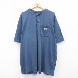 【50%OFF】XL★古着 カーハート Carhartt 半袖 ブランド Tシャツ メンズ ワンポイントロゴ 胸ポケット付き 大きいサイズ ロング丈 ヘンリーネック 紺 ネイビー 霜降り 【spe】 25jul19 中古