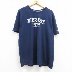 XL★古着 ナイキ NIKE 半袖 ブランド Tシャツ メンズ ビッグロゴ 大きいサイズ コットン クルーネック 濃紺 ネイビー 25jul22 中古