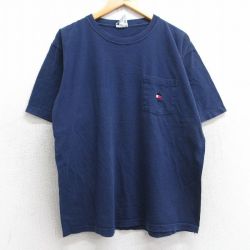 XL★古着 トミーヒルフィガー TOMMY HILFIGER 半袖 ブランド Tシャツ メンズ 90年代 90s ワンポイントロゴ 胸ポケット付き コットン クルーネック 紺 ネイビー 25jul30 中古