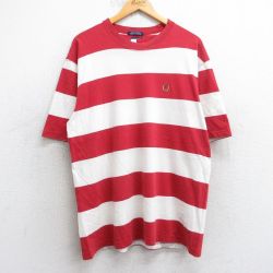 L★古着 トミーヒルフィガー TOMMY HILFIGER 半袖 ブランド Tシャツ メンズ 90年代 90s ワンポイントロゴ コットン クルーネック 赤他 レッド ボーダー 【spe】 25jul30 中古