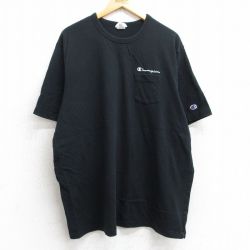 【50%OFF】XL★古着 チャンピオン champion 半袖 ブランド Tシャツ メンズ ワンポイントロゴ 胸ポケット付き 大きいサイズ コットン クルーネック 黒 ブラック 25aug06 中古