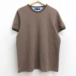 L★古着 トミーヒルフィガー TOMMY HILFIGER 半袖 ブランド Tシャツ メンズ ワンポイントロゴ 鹿の子 コットン クルーネック 茶 ブラウン リンガー 25aug19 中古