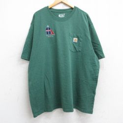 XL★古着 カーハート Carhartt 半袖 ブランド Tシャツ メンズ ワンポイントロゴ manufacturing 胸ポケット付き 大きいサイズ ロング丈 クルーネック 緑 グリーン 霜降り 25aug19 中古