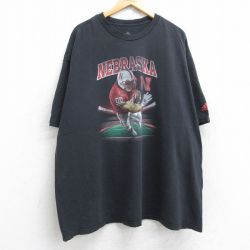 XL★古着 アディダス adidas 半袖 ブランド Tシャツ メンズ ネブラスカ ハスキーズ 大きいサイズ ロング丈 クルーネック 黒 ブラック 25aug19 中古