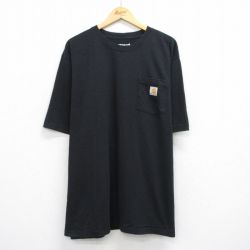 XL★古着 カーハート Carhartt 半袖 ブランド Tシャツ メンズ ワンポイントロゴ 胸ポケット付き 大きいサイズ ロング丈 コットン クルーネック 黒 ブラック 25aug20 中古