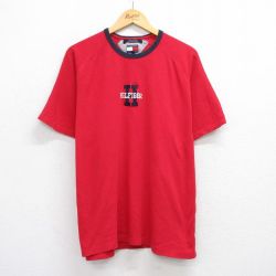 XL★古着 トミーヒルフィガー TOMMY HILFIGER トミージーンズ 半袖 ブランド Tシャツ メンズ 90年代 90s ビッグロゴ ラグラン 大きいサイズ コットン クルーネック 赤 レッド 25aug20 中古