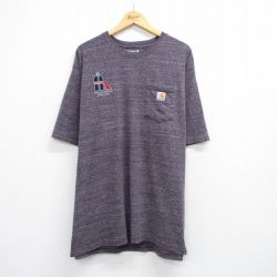 XL★古着 カーハート Carhartt 半袖 ブランド Tシャツ メンズ ワンポイントロゴ manufacturing 胸ポケット付き 大きいサイズ ロング丈 クルーネック 濃グレー 霜降り 25aug20 中古