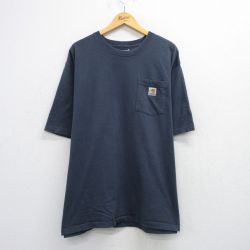 XL★古着 カーハート Carhartt 半袖 ブランド Tシャツ メンズ ワンポイントロゴ 胸ポケット付き 大きいサイズ ロング丈 コットン クルーネック 濃グレー系 25aug20 中古