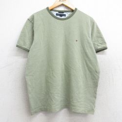 【50%OFF】L★古着 トミーヒルフィガー TOMMY HILFIGER 半袖 ブランド Tシャツ メンズ ワンポイントロゴ 鹿の子 クルーネック 薄緑 グリーン リンガー 25aug25 中古
