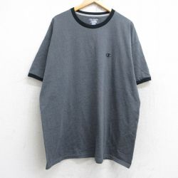 XL★古着 チャンピオン Champion 半袖 ブランド Tシャツ メンズ ワンポイントロゴ 大きいサイズ ロング丈 クルーネック 濃グレー 霜降り リンガー 25aug25 中古