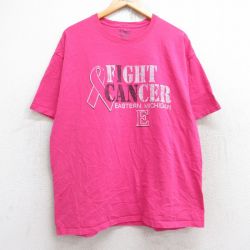 XL★古着 チャンピオン champion 半袖 ブランド Tシャツ メンズ FIGHT CANCER 大きいサイズ コットン クルーネック ピンク 25aug25 中古