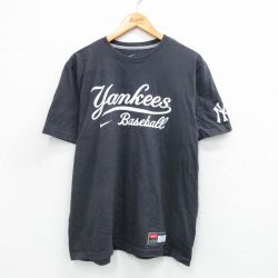 XL★古着 ナイキ NIKE 半袖 ブランド Tシャツ メンズ MLB ニューヨークヤンキース コットン クルーネック 黒 ブラック メジャーリーグ ベースボール 野球 25aug25 中古