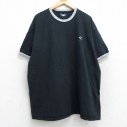 XL★古着 チャンピオン champion 半袖 ブランド Tシャツ メンズ ワンポイントロゴ 大きいサイズ ロング丈 コットン クルーネック 黒 ブラック リンガー 【spe】 25aug26 中古