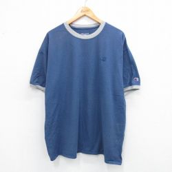 XL★古着 チャンピオン champion 半袖 ブランド Tシャツ メンズ ワンポイントロゴ 大きいサイズ コットン クルーネック 紺系 ネイビー リンガー 25sep01 中古