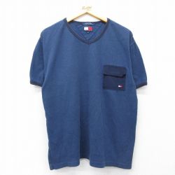 XL★古着 トミーヒルフィガー 半袖 ブランド Tシャツ メンズ 90年代 90s ワンポイントロゴ 胸ポケット付き コットン Vネック 紺他 リンガー 26apr20
