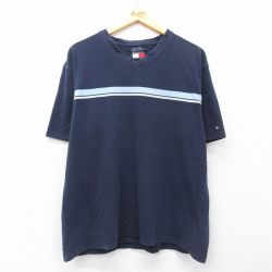 XL★古着 トミーヒルフィガー 半袖 ブランド Tシャツ メンズ 90年代 90s 鹿の子 コットン Vネック 紺 26apr20