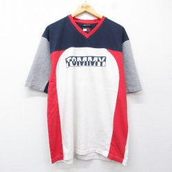 XL★古着 トミーヒルフィガー 半袖 ブランド Tシャツ メンズ ビッグロゴ 大きいサイズ コットン Vネック 白他 26apr20