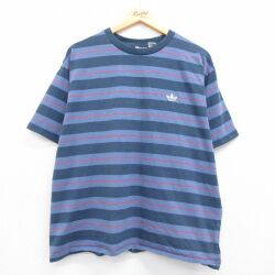 アディダス 半袖Tシャツ ワンポイントロゴ ネイビーボーダー XL | 古着